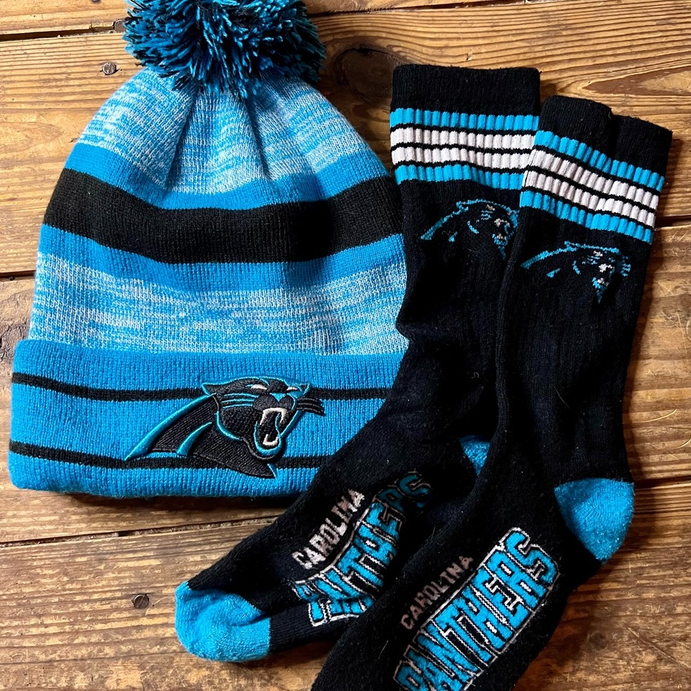 NFL Carolina Panthers Blue and Black Beanie and Socks Set